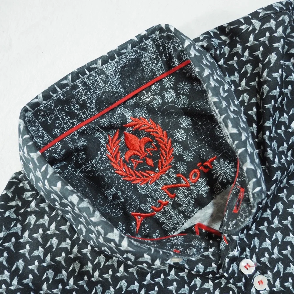 Au Noir Sz 3 (M) Men's Casual Black Patterned Button-Down Shirt 100% Cotton - Picture 2 of 12